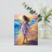 海辺の風を感じる水彩画のビーチ散歩アート シーズンポストカード (スタンド正面)
