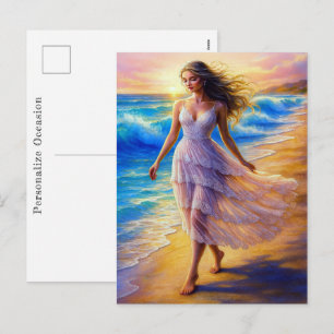 海辺の風を感じる水彩画のビーチ散歩アート シーズンポストカード