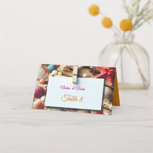 海辺結婚のお祝いビーチ プレイスカード (正面)