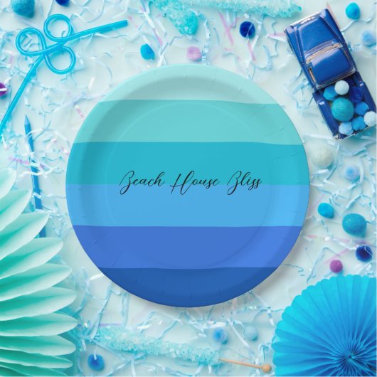 海青と緑ストライプの ペーパープレート (パーティー)