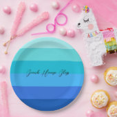 海青と緑ストライプの ペーパープレート (パーティー)