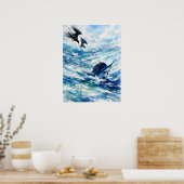 海面の野生生物の水彩画アート ポスター (キッチン)