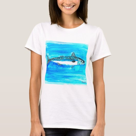海面下のサバの水彩海 Tシャツ (正面)