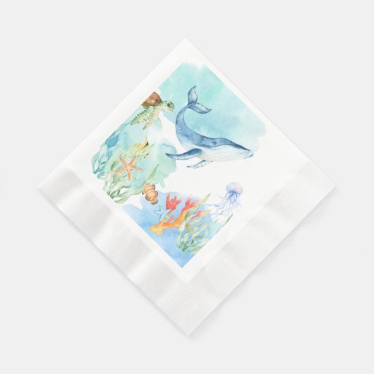 海面下の水彩海動物 縁ありランチョンナプキン (角)