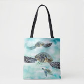 海面下の水色のウミガメ トートバッグ (正面)