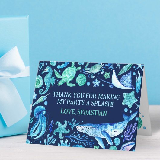 海面下の水色クジラパーティー サンキューカード