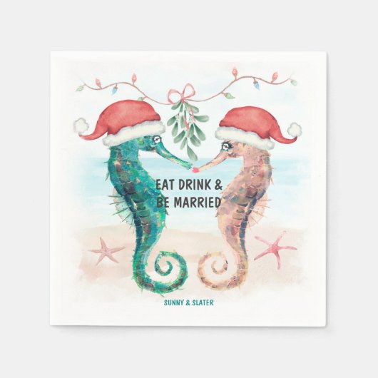 海食べのドリンクは海結婚した岸クリスマス スタンダードカクテルナプキン (正面)