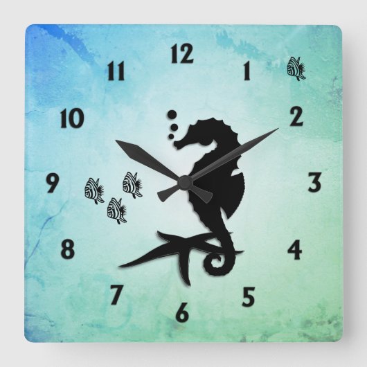 海馬が緑のシフォンに スクエア壁時計 (正面)