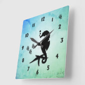 海馬が緑のシフォンに スクエア壁時計 (傾斜)