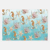 海馬が青い海のカリブの下でヒトデ ラッピングペーパーシート (正面3)