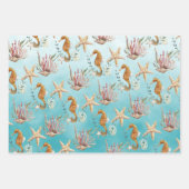 海馬が青い海のカリブの下でヒトデ ラッピングペーパーシート (正面3)