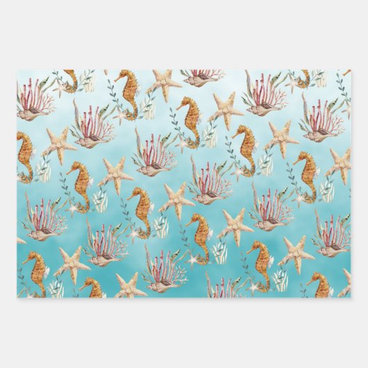 海馬が青い海のカリブの下でヒトデ ラッピングペーパーシート (正面3)
