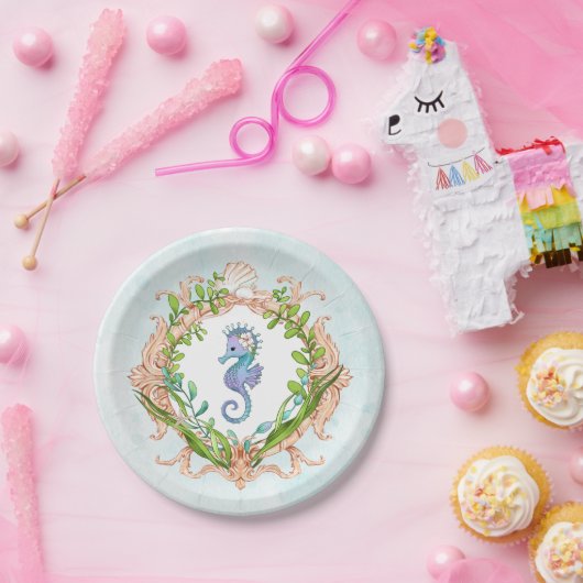 海馬と海のシェルフレームの下 ペーパープレート (パーティー)