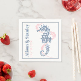 海馬と海藻のほこりっぽい青と赤面結婚の スタンダードカクテルナプキン