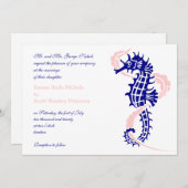 海馬と海藻のネイビーブルー結婚ピンク 招待状 (正面/裏面)