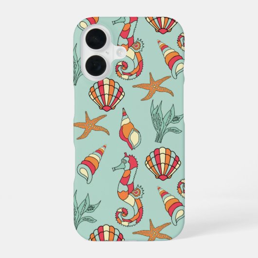 海馬と貝殻の模様 iPhone 16ケース (裏面)