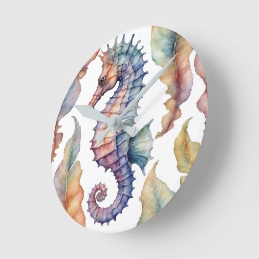 海馬の水彩沿岸の装飾 ラウンド壁時計 (傾斜)