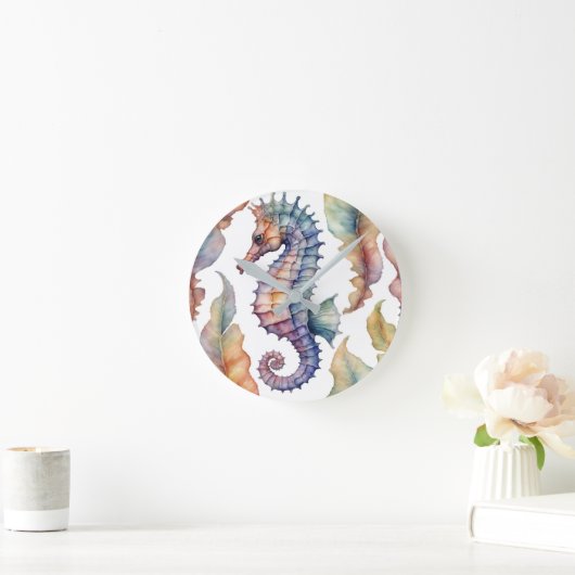 海馬の水彩沿岸の装飾 ラウンド壁時計 (ホーム)
