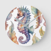 海馬の水彩沿岸の装飾 ラウンド壁時計 (正面)
