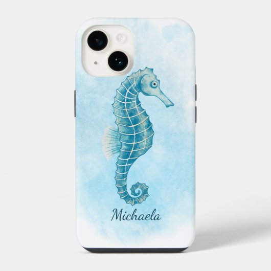 海馬の水色の海岸名 iPhoneケース (裏面)