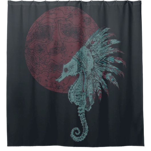 海馬の赤い月 シャワーカーテン (正面)