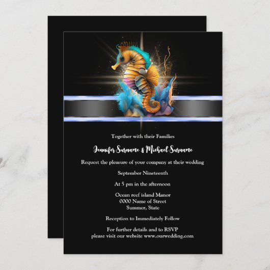 海馬はオレンジ航海の色の青い黒い海を輝かせる 招待状 (正面/裏面)