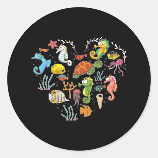 海馬水中動物ハート海馬好き ラウンドシール (正面)