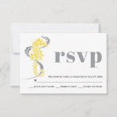 海馬、海藻の灰色と黄色のビーチ結婚式 出欠カード (正面)