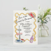 海鮮とシャンパンのパーティー 手描きの波線フレーム 招待状 (スタンド正面)