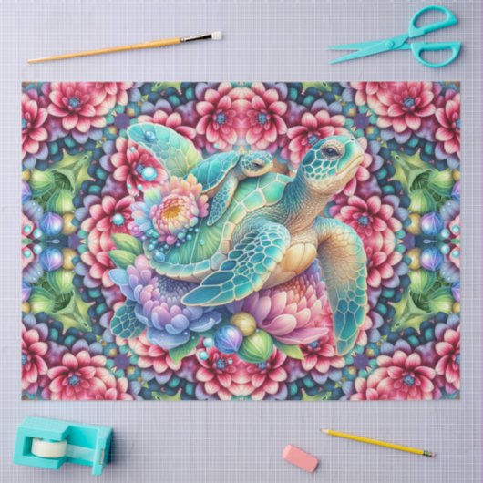 海鮮やかカラフル亀の花の模様 薄葉紙