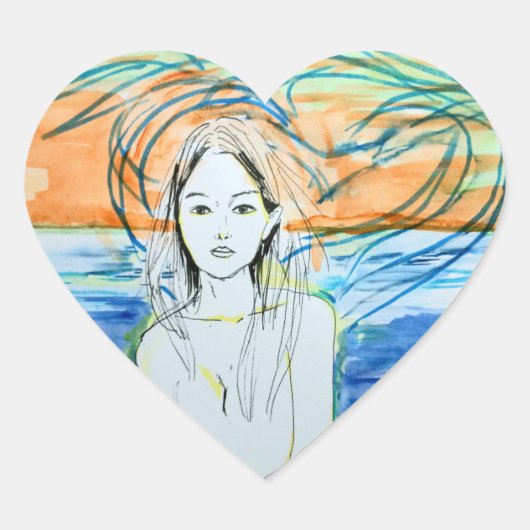 海鳥(水彩、インク) ハートシール (正面)