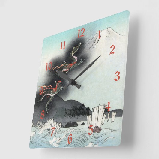 海・ドラゴンが富士山に登る北斎浮世絵 スクエア壁時計 (傾斜)