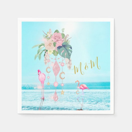 海 フラミンゴ 花 宝石 ピンク スタンダードカクテルナプキン (正面)