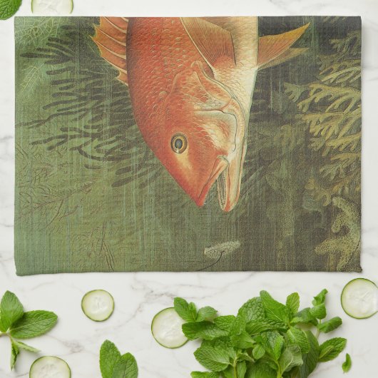 海、ヴィンテージ海洋生物の中の赤いスナッパーフィッシュ キッチンタオル (折り畳み)