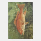 海、ヴィンテージ海洋生物の中の赤いスナッパーフィッシュ キッチンタオル (縦)