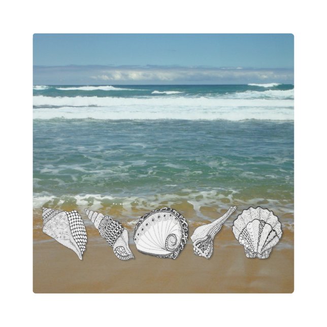 海（写真に手描き貝殻あり） メタルプリント (正面)