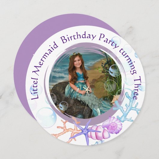海 | Little Mermaid 3th Birthday Partyの写真 招待状 (正面/裏面)