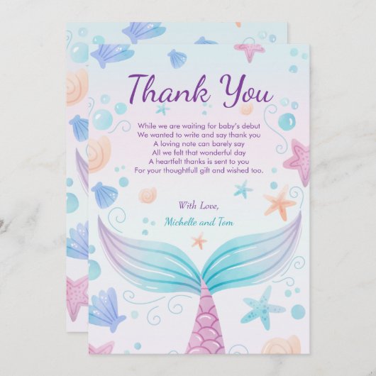 海Bの下で人魚の赤ちゃんシャワーヒトデ サンキューカード (正面/裏面)