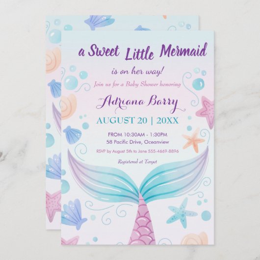 海Bの下で人魚の赤ちゃんシャワーヒトデ 招待状 (正面/裏面)