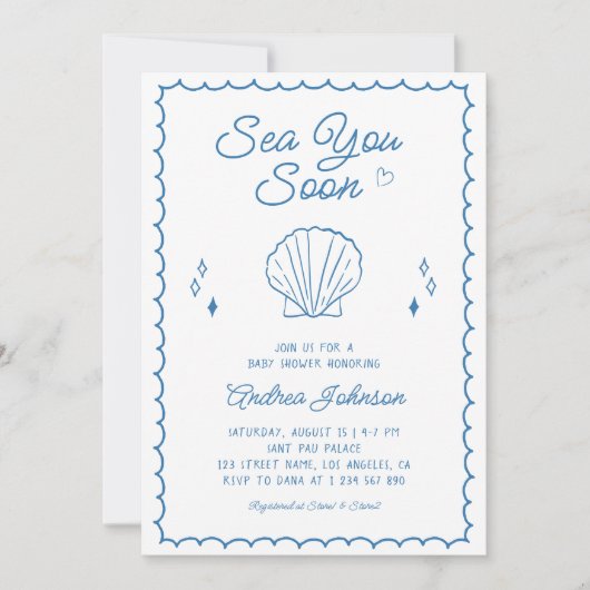 海You Hand Drawn海シーシェル赤ちゃんシャワー 招待状 (正面)