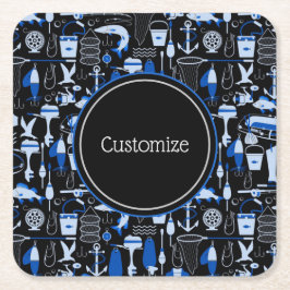 消えたパーソナライズされた魚釣りの青いパターン スクエアペーパーコースター