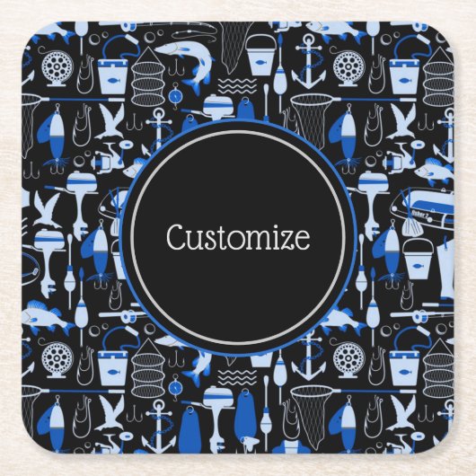 消えたパーソナライズされた魚釣りの青いパターン スクエアペーパーコースター (正面)