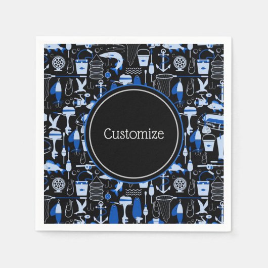 消えたパーソナライズされた魚釣りの青いパターン スタンダードカクテルナプキン (正面)