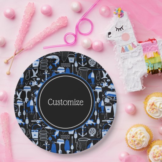 消えたパーソナライズされた魚釣りの青いパターン ペーパープレート (パーティー)