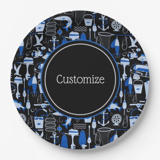消えたパーソナライズされた魚釣りの青いパターン ペーパープレート (正面)