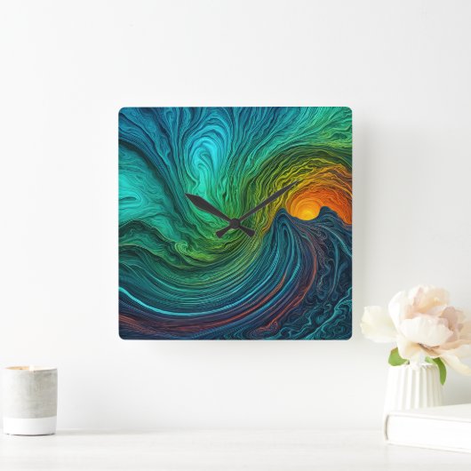 「消える太陽」の抽象芸術フラクタル波 スクエア壁時計 (ホーム)