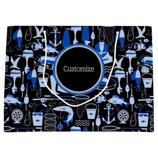 消パーソナライズされたえた魚釣り青のパターン ラージペーパーバッグ (正面)