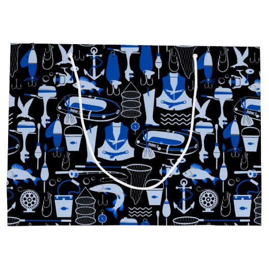 消パーソナライズされたえた魚釣り青のパターン ラージペーパーバッグ (裏面)