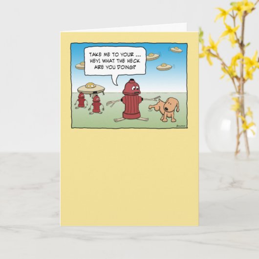 消火栓おもしろいエイリアン及び犬誕生日 カード (黄色い花)