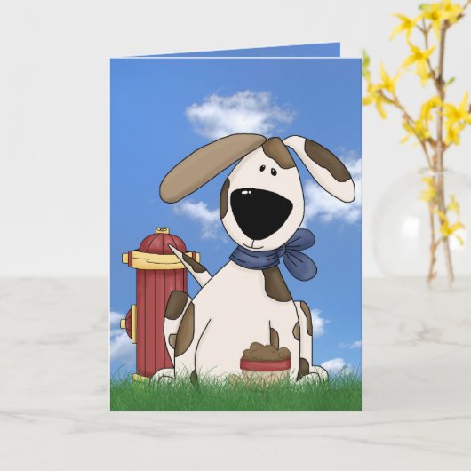消火栓の誕生日のユーモアの斑点を付けられた犬 カード (黄色い花)